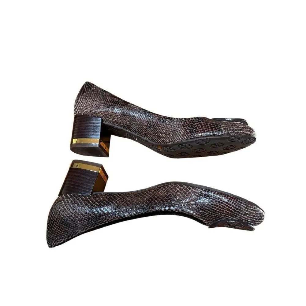 NWOB Tory Burch Amy Brown Snake Skin Leather Block Low Heels 10.5 US